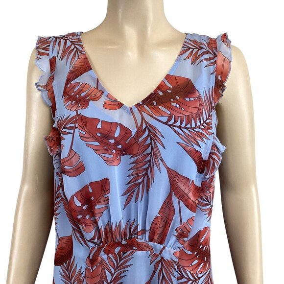 Cabi Tropical Print Dress V-Neck Sleeveless Ruffle Trim Size Small‎ Blue & Red - Picture 6 of 7